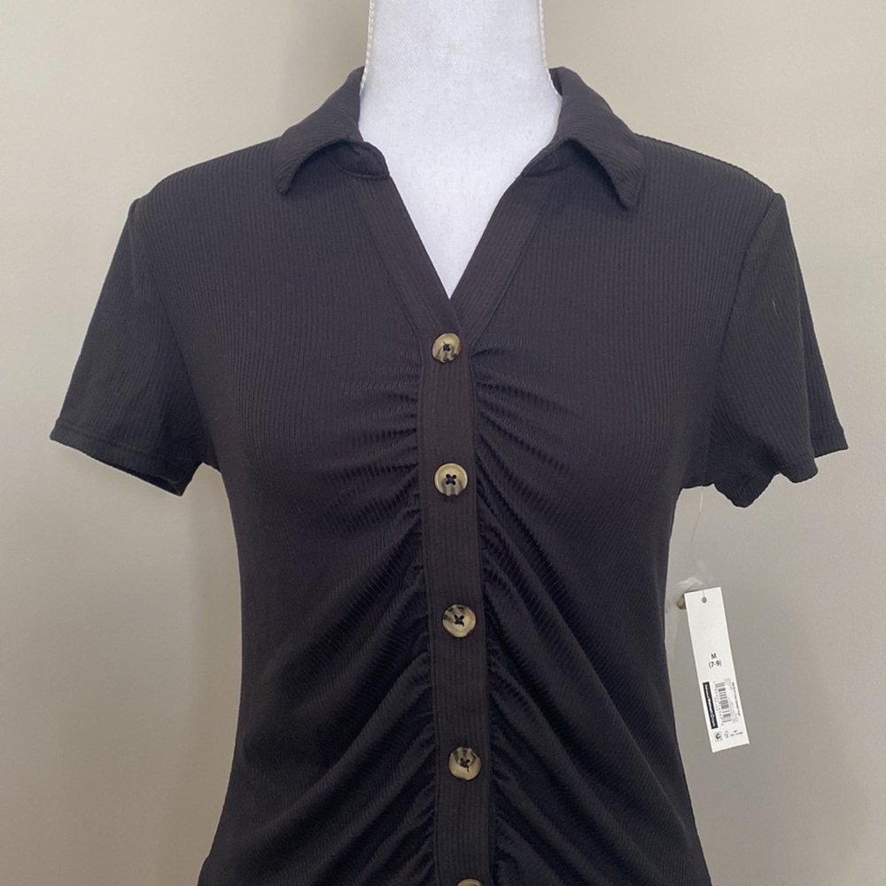 Black Light Knit Top with Button Details and Collared V-Neck​ - Picture 2 of 8